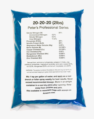 Peter's Professional 20-20-20 bag front shows balanced nutrition for healthy plant growth