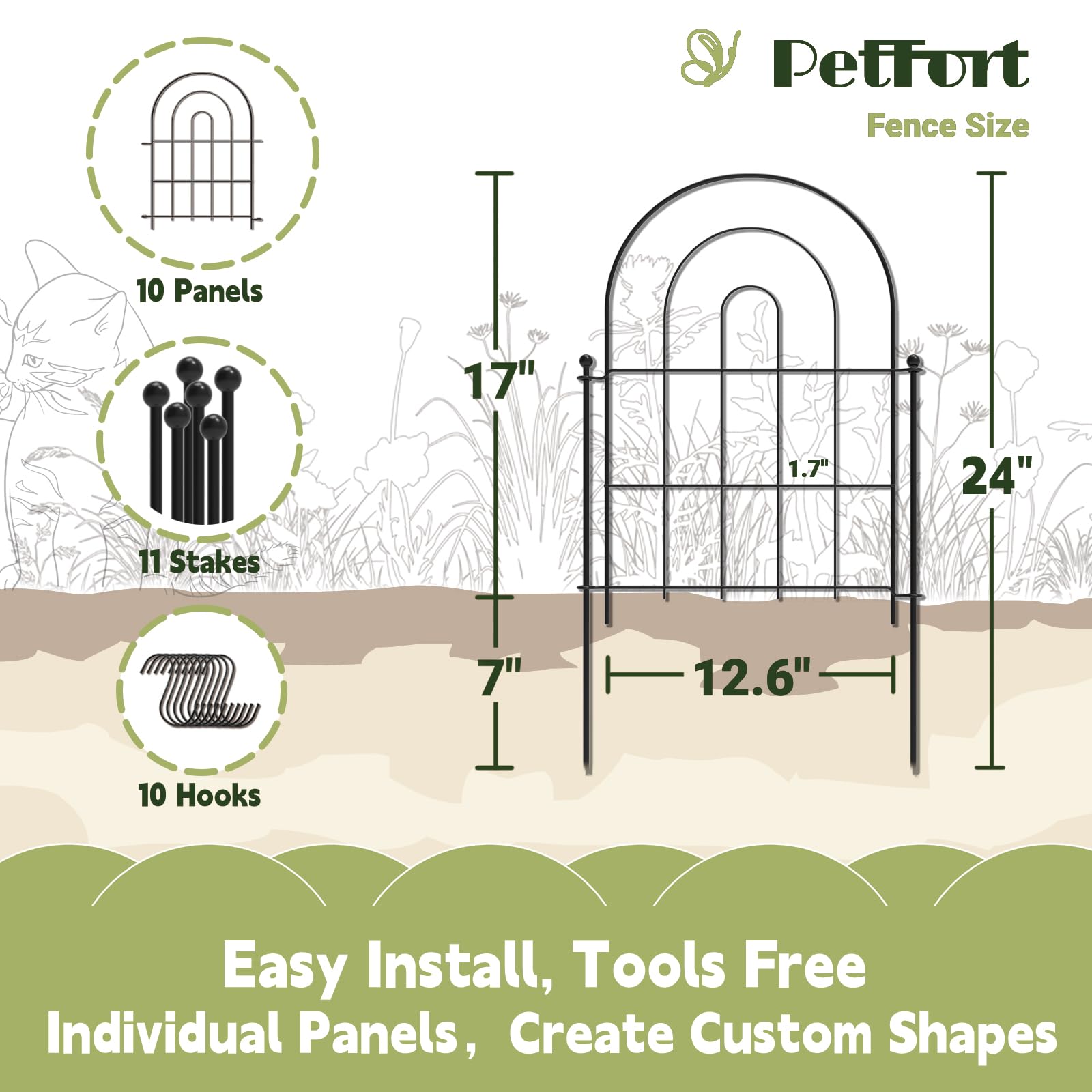 PETFORT fence panels, 12.6ft-long, create flexible borders for uneven garden ground.