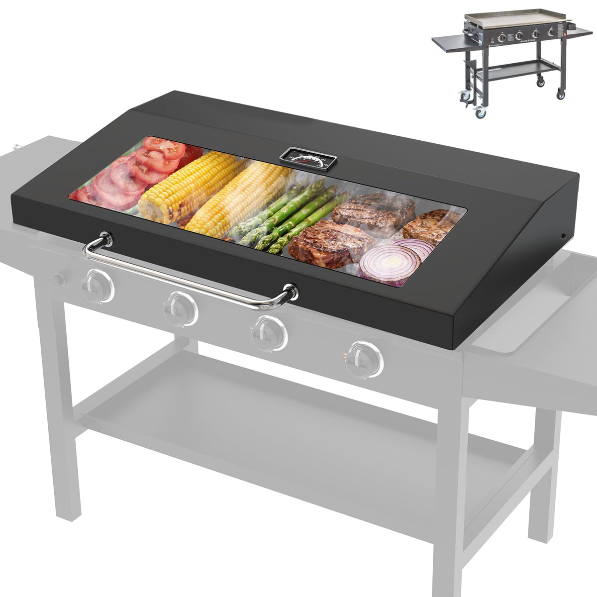 Petkao 36-inch Omnivore lid with visualized glass for clear grilling monitoring.