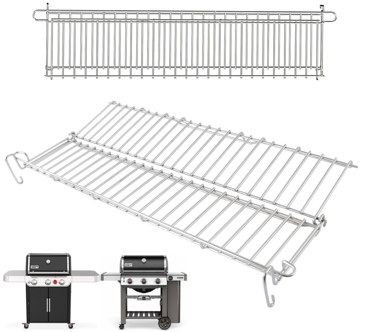 PETKAO warming rack mounted on Weber Genesis II 300 Series expanding cooking space.