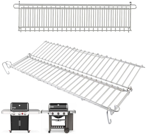 PETKAO warming rack mounted on Weber Genesis II 300 Series expanding cooking space.