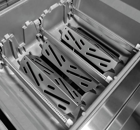 PETKAO Rectangular burner tubes close-up with slotted tabs