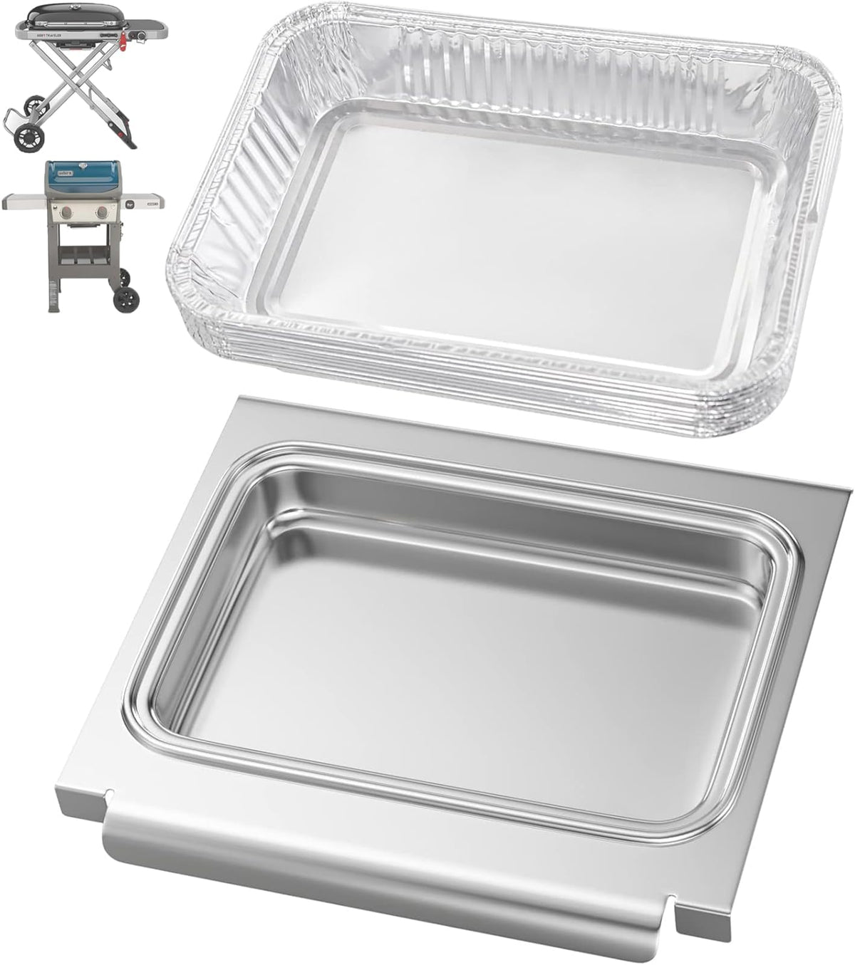 PETKAO Weber GS4 Spirit II catch pan in stainless steel for quick cleanup.