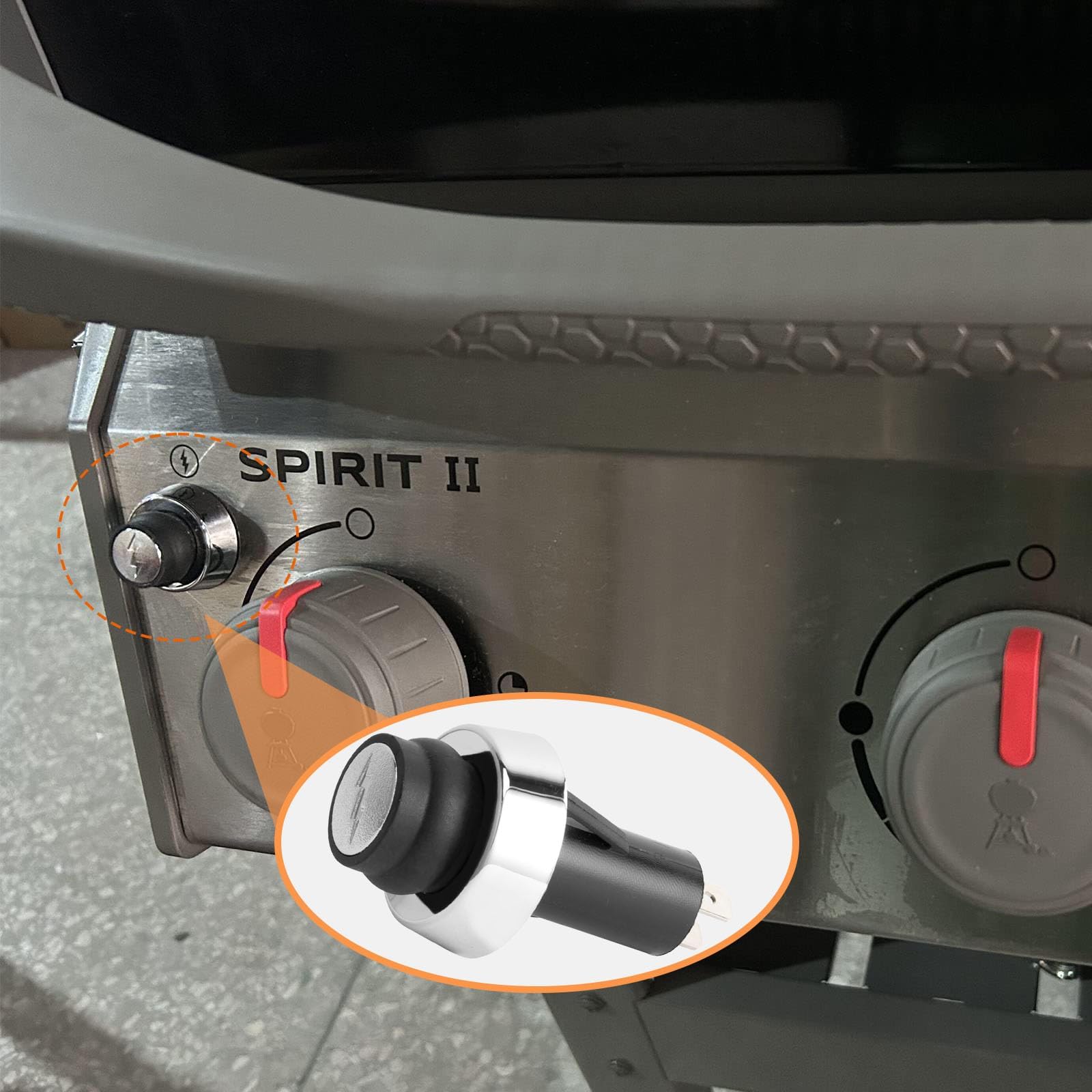 PETKAO Weber Spirit II ignition button in use on grill for smooth starts.