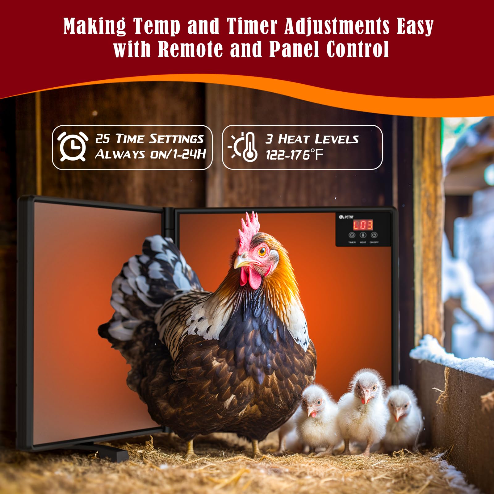 PETNF 30x12 inch heater provides broad warmth across the coop floor.