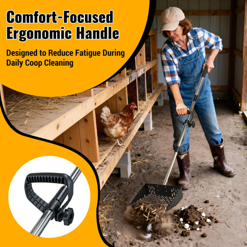PETNF heavy-duty carbon steel scoop withstands daily coop cleanup.