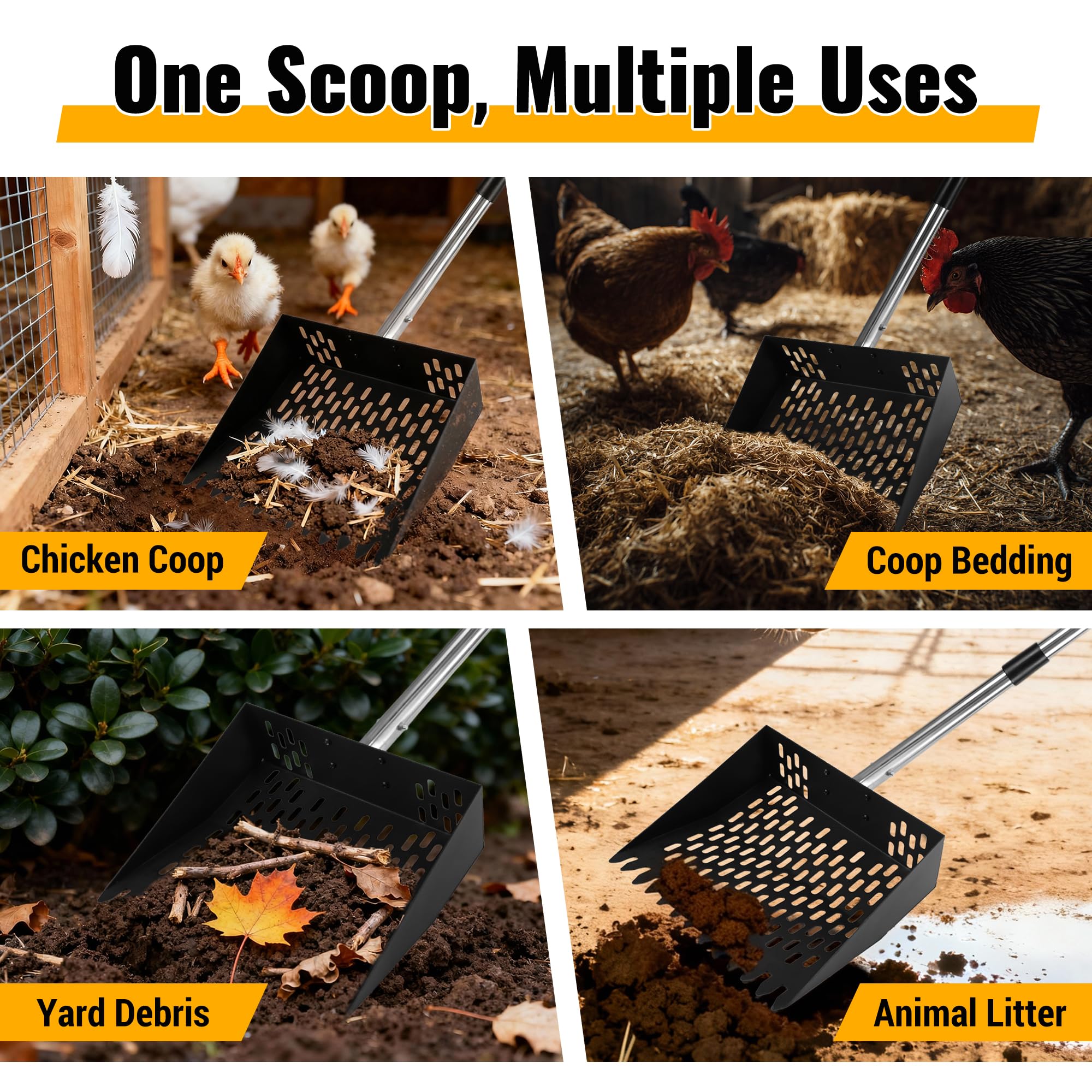 PETNF stainless steel handle resists rust in outdoor barns.