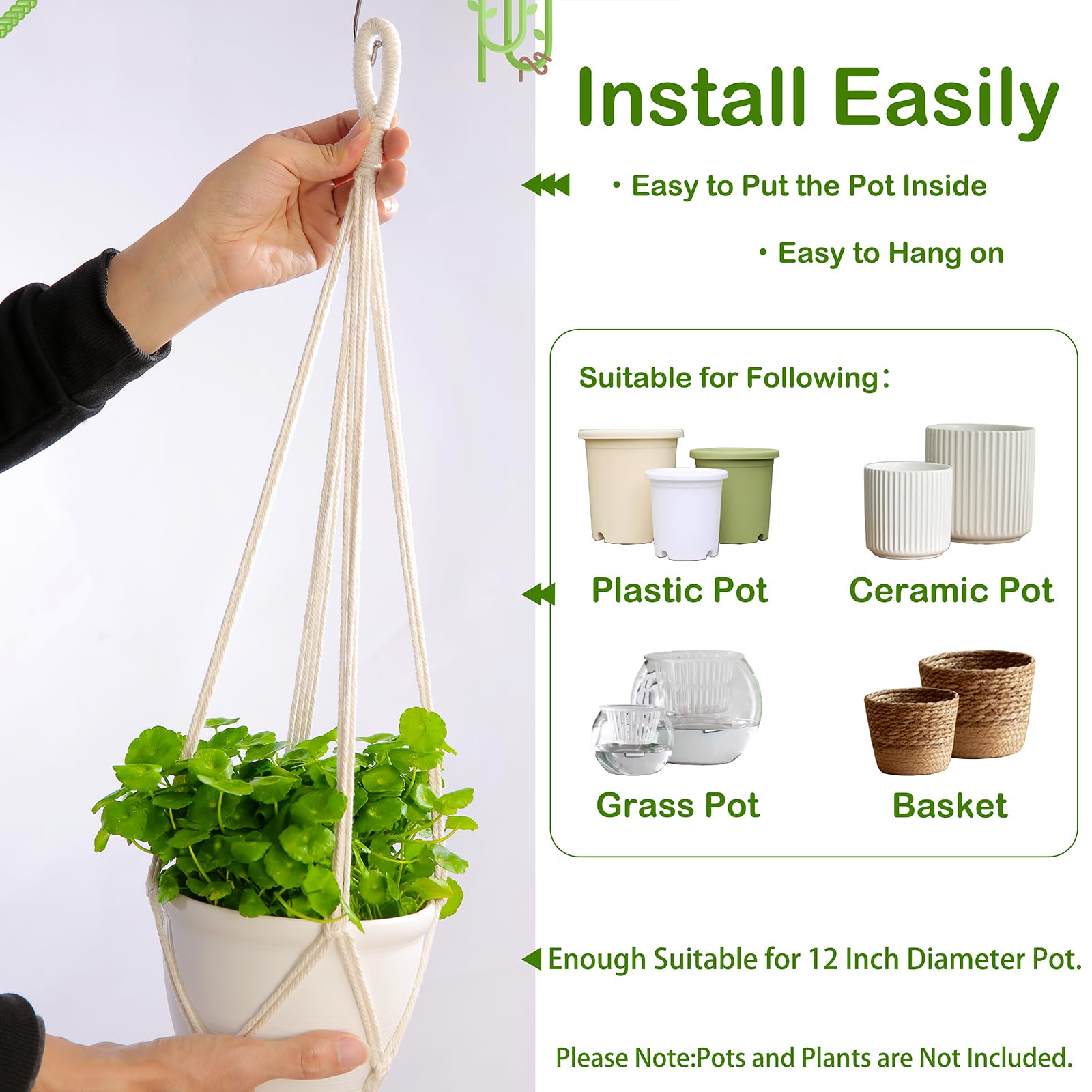 Petonfun macrame plant hanger ivory 4-pack easy install with hooks for quick setup.