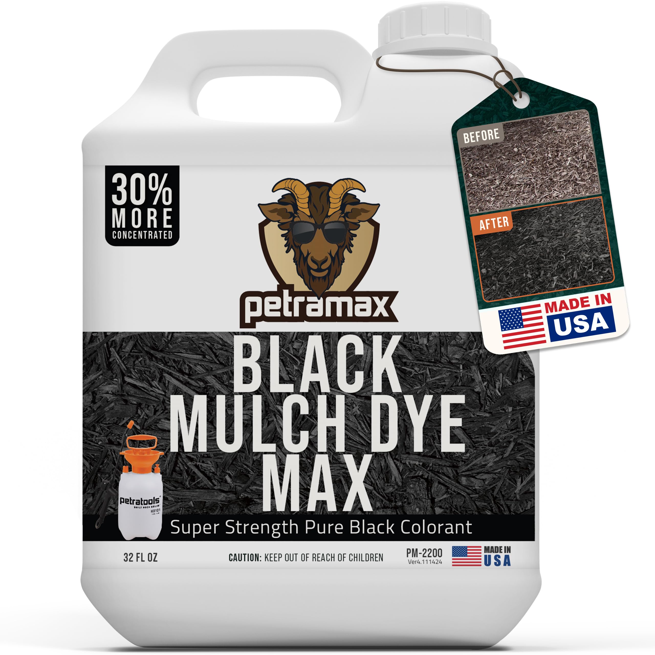 Petra Black Mulch Dye Spray bottle ready for use with PetraTools sprayer to refresh color.