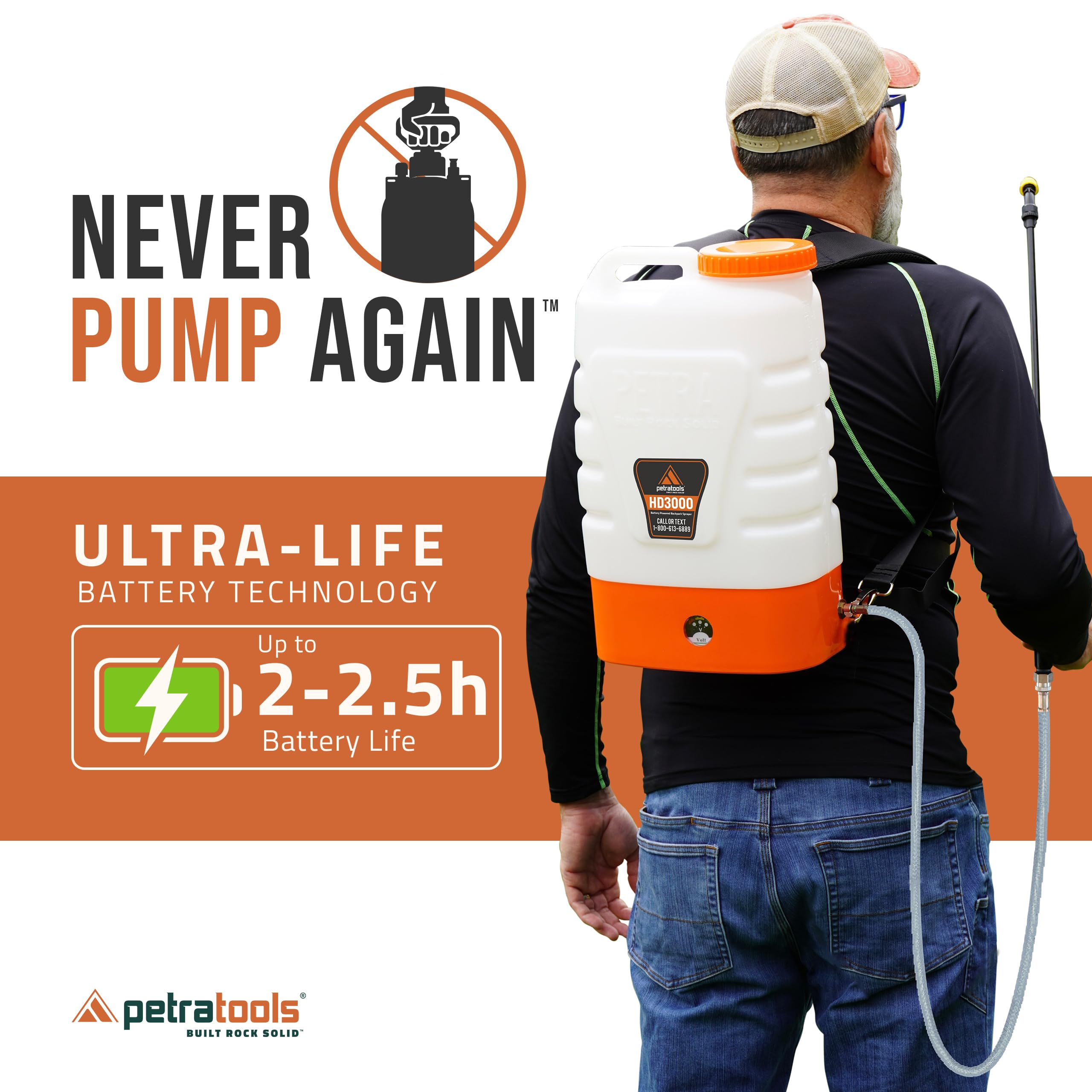 Petra HD3000 backpack sprayer side view highlighting comfortable padded straps for long use.