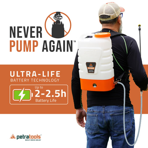 Petra HD3000 backpack sprayer side view highlighting comfortable padded straps for long use.