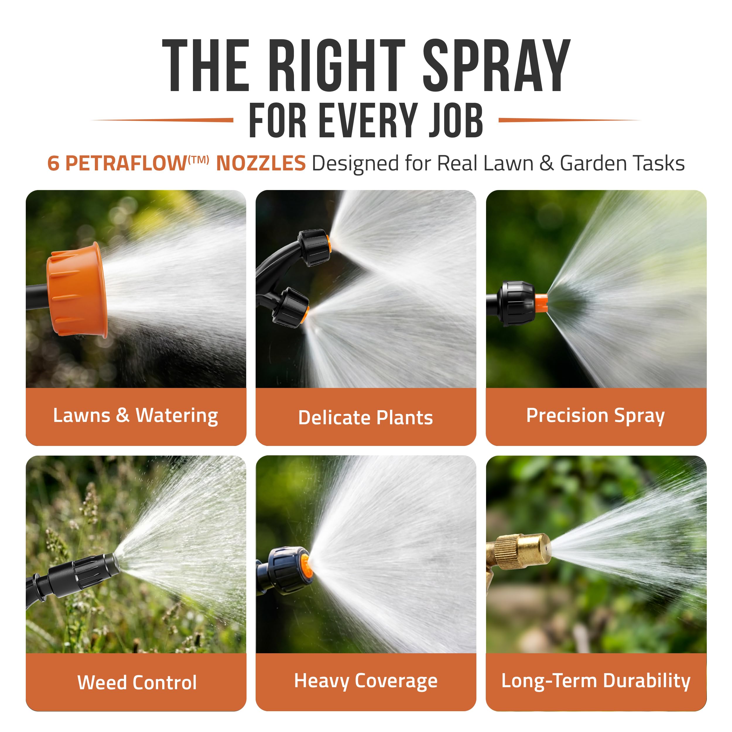 Six nozzles provide versatile mist and spray options.