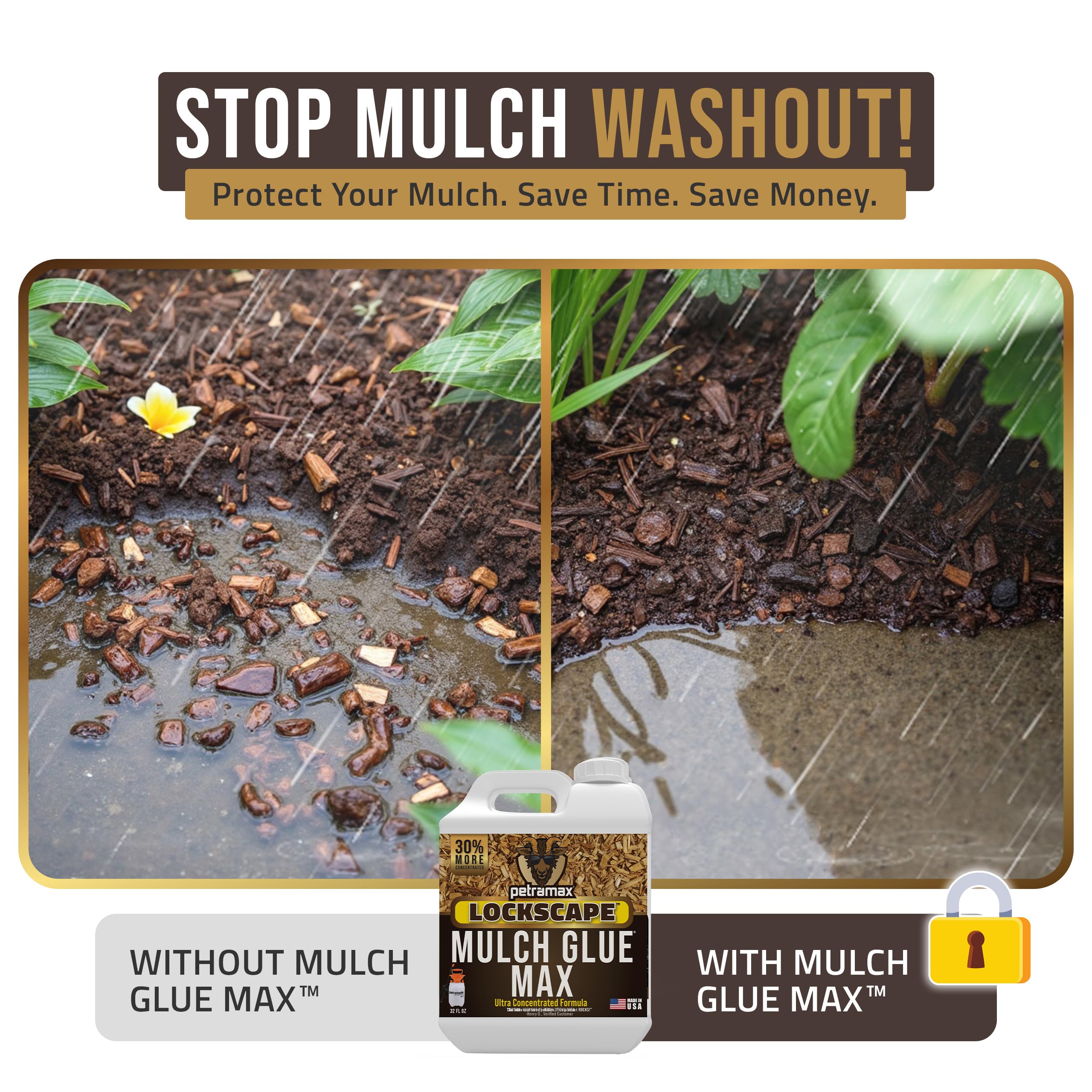 Petra Max Lockscape Glue application on mulch illustrates site-wide stabilization