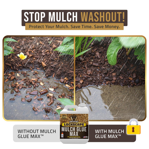 Petra Max Lockscape Glue application on mulch illustrates site-wide stabilization