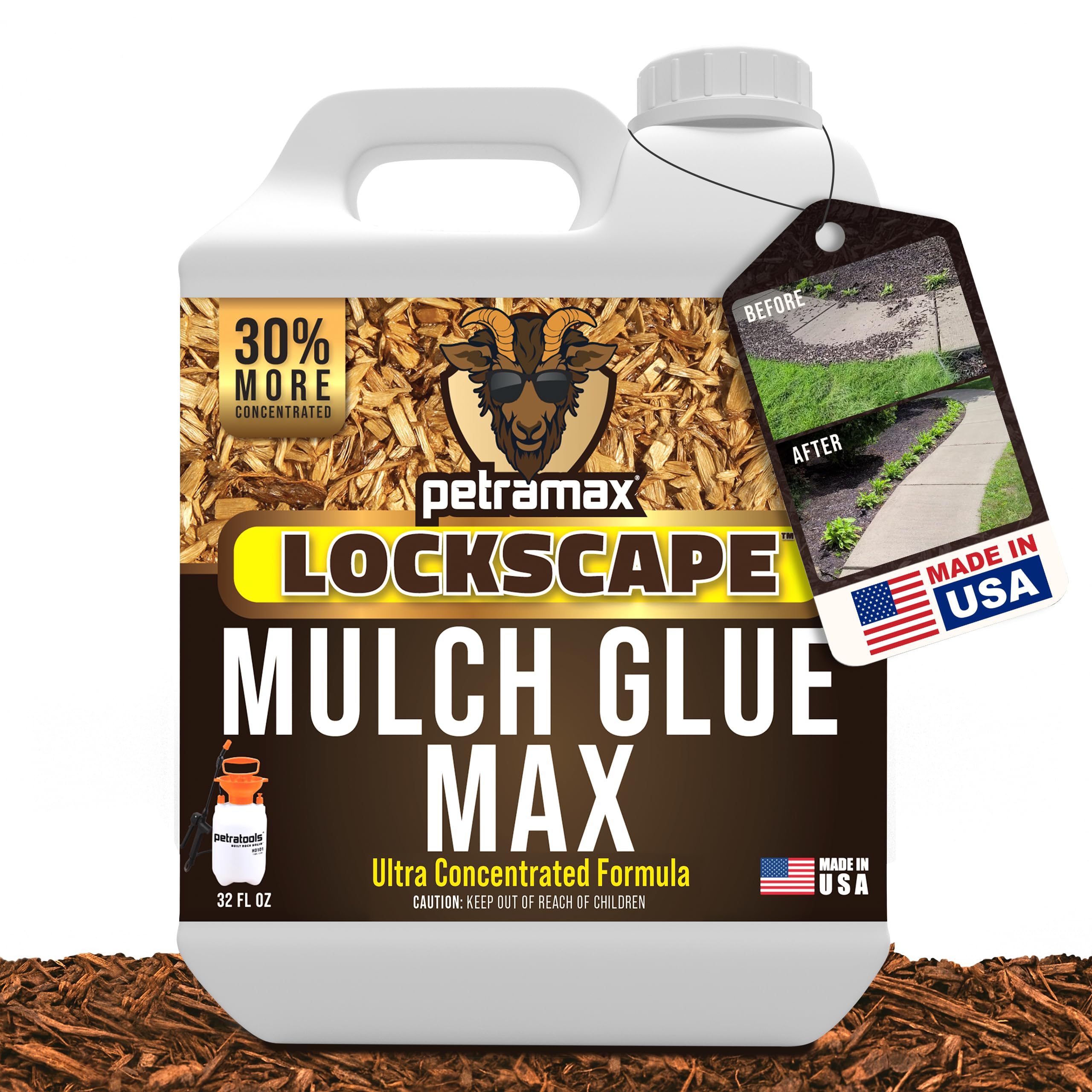 Petra Max Lockscape Glue bottle close-up shows strong mulch and stone binding