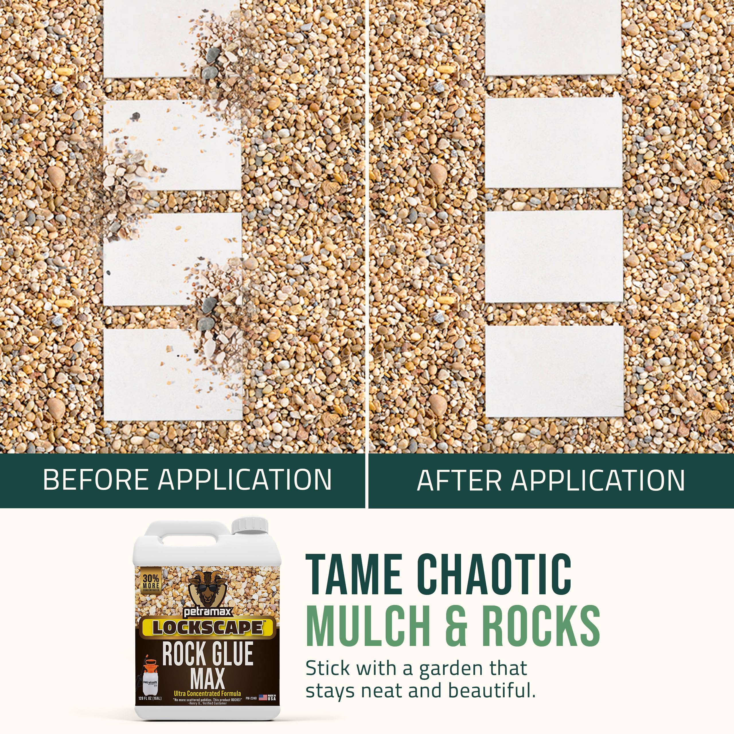 Petra Max Rock Glue application spray demonstrates fast-drying performance on garden paths