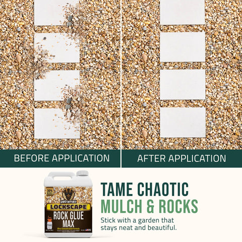 Petra Max Rock Glue application spray demonstrates fast-drying performance on garden paths