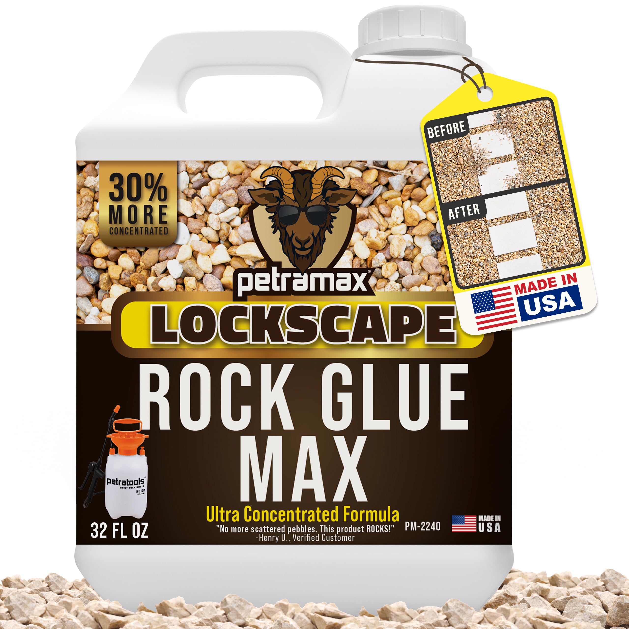 Petra Max Rock Glue bottle close-up for precise landscaping application.
