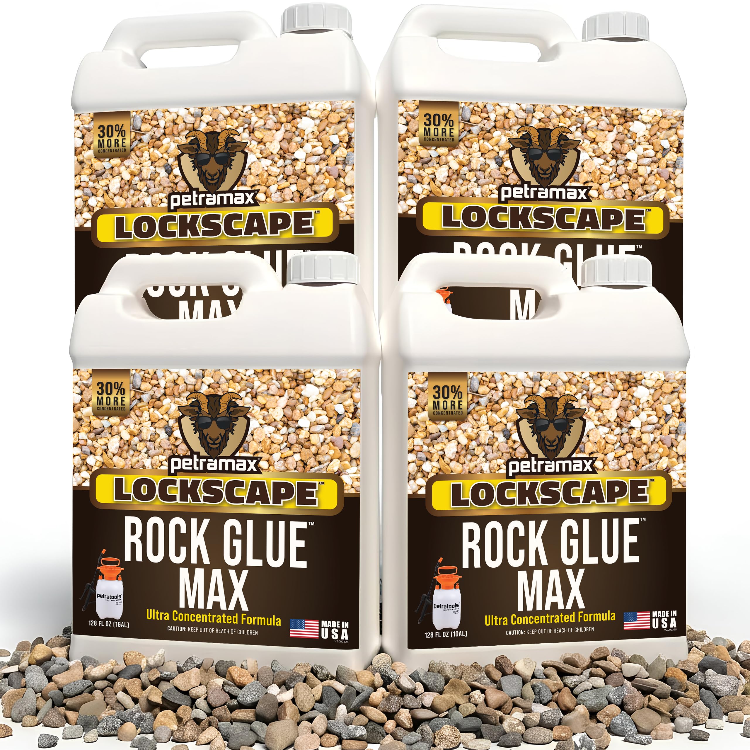 Petra Max rock glue bottle demonstrates landscape binding of rocks and mulch.
