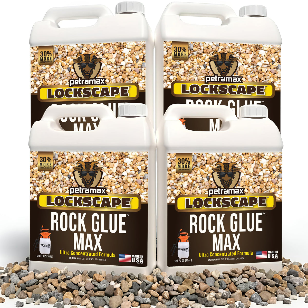 Petra Max rock glue bottle demonstrates landscape binding of rocks and mulch.