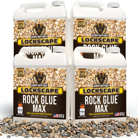 Petra Max rock glue bottle demonstrates landscape binding of rocks and mulch.