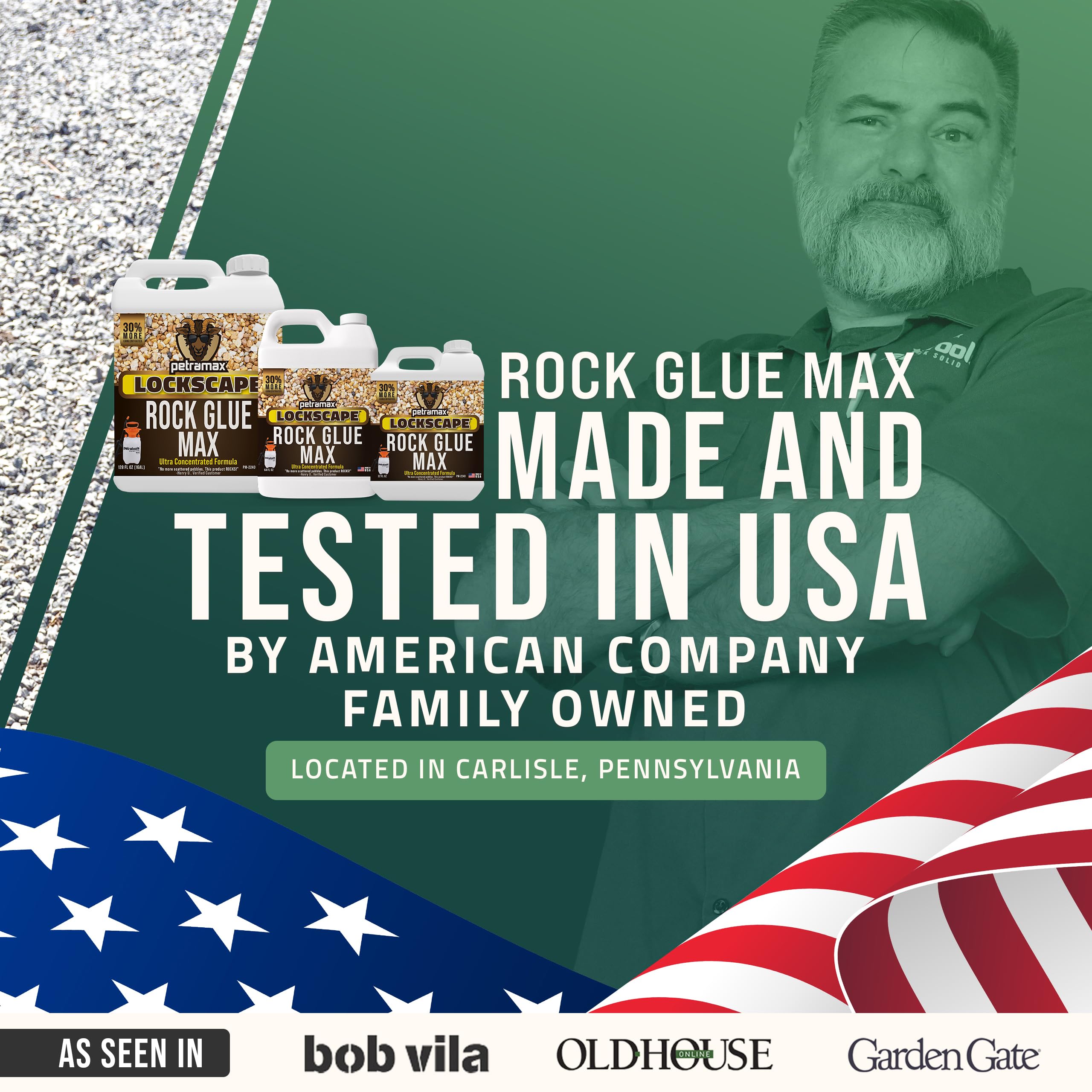 Petra Max Rock Glue USA-made label emphasizing American-made landscape solution