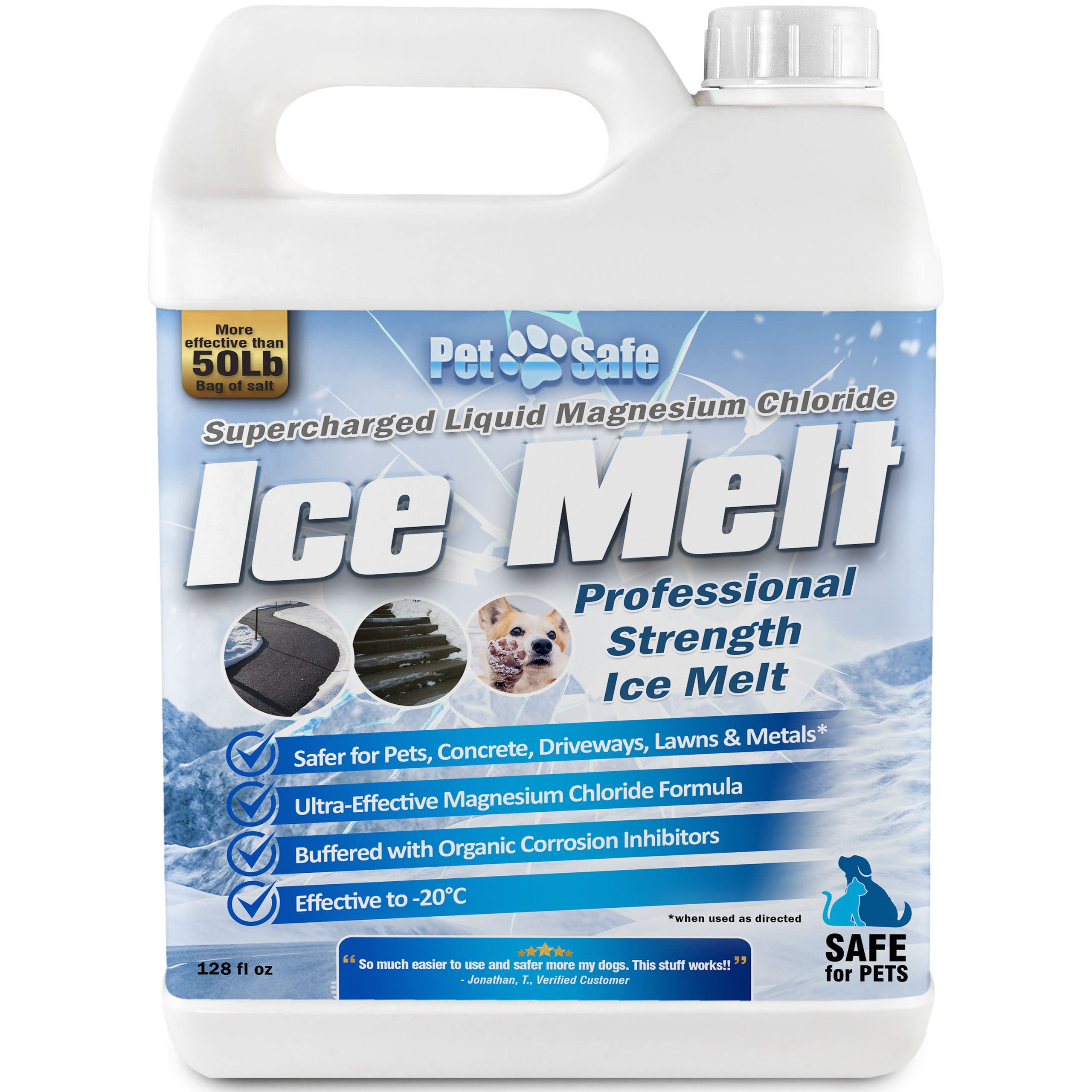 Petra Pet Safe Ice Melt bottle being poured to melt ice quickly and safely