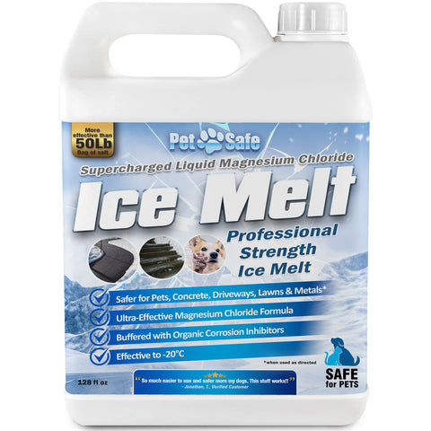 Petra Pet Safe Ice Melt bottle being poured to melt ice quickly and safely