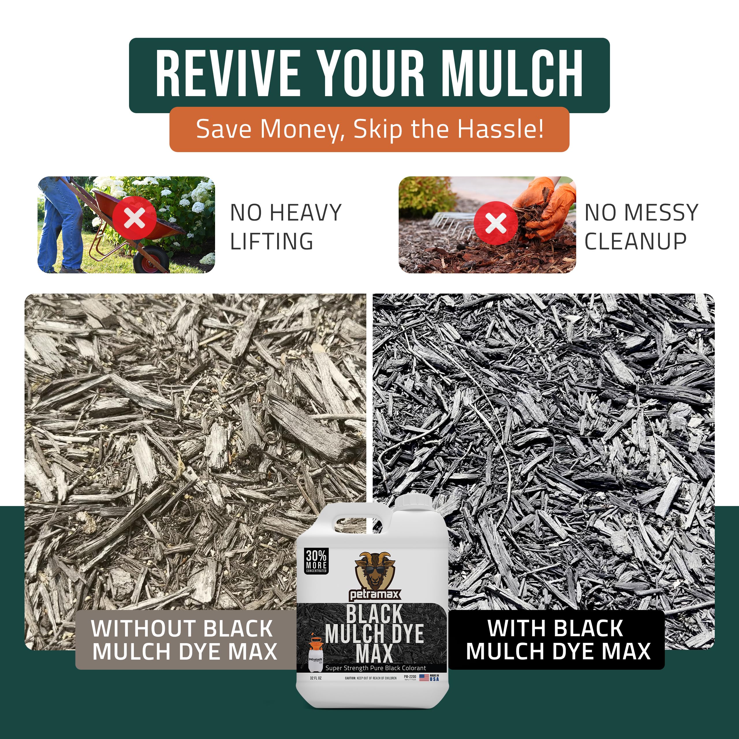 PetraTools sprayer beside mulch for even color distribution and long-lasting results.