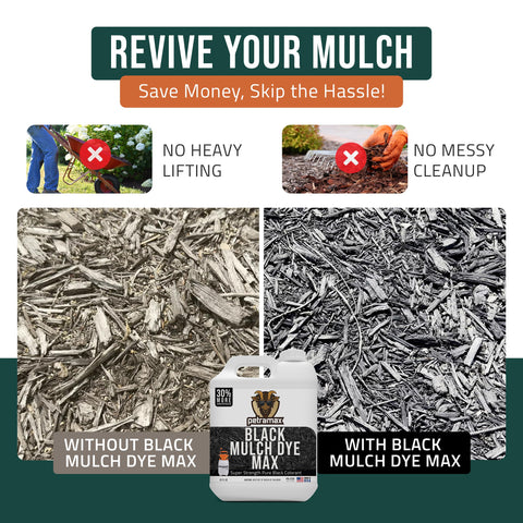 PetraTools sprayer beside mulch for even color distribution and long-lasting results.