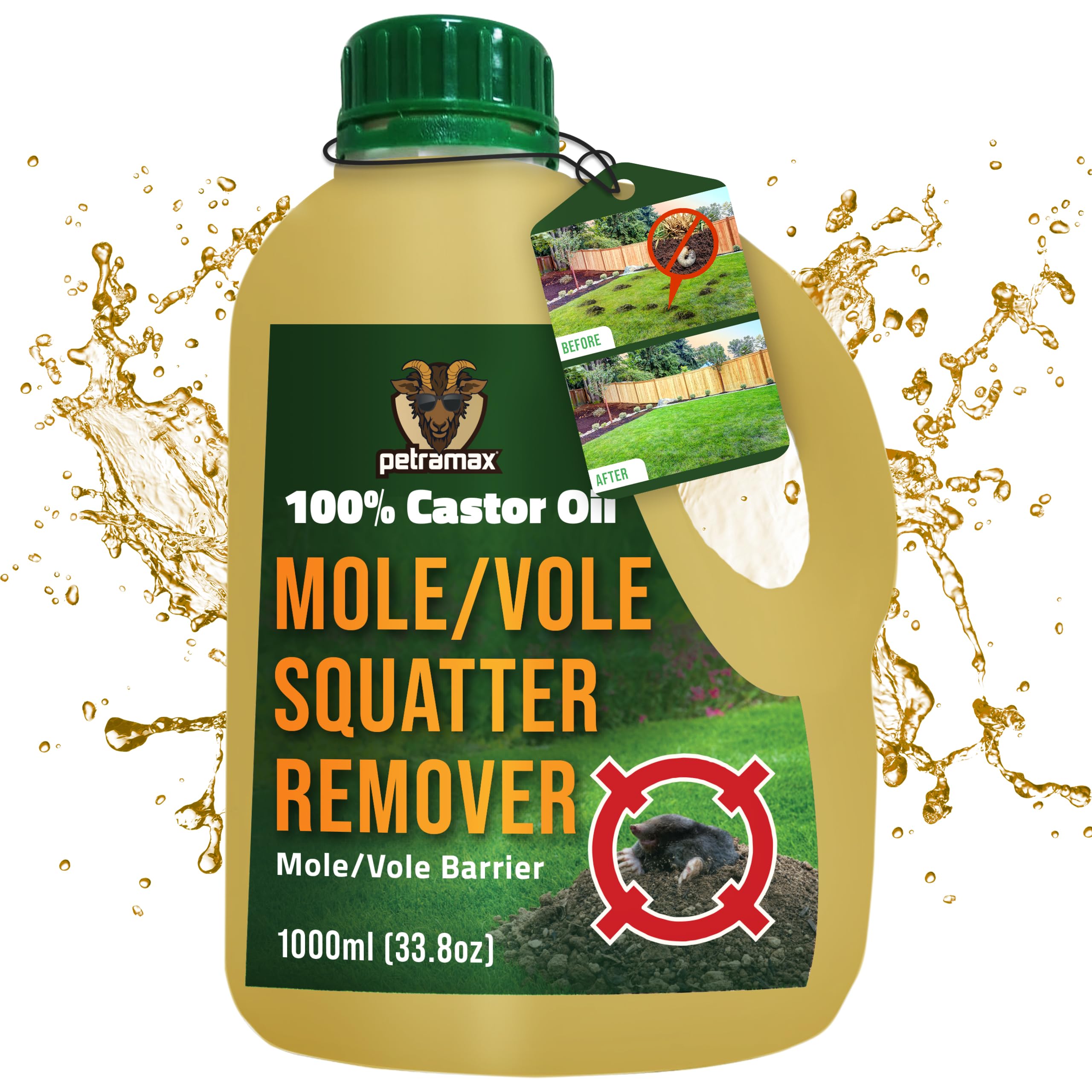 PetraMax Castor Oil Mole Repellent bottle ready for mixing to protect lawns
