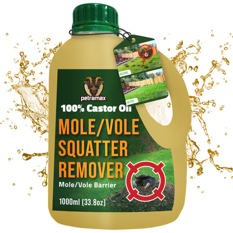 PetraMax Castor Oil Mole Repellent bottle ready for mixing to protect lawns