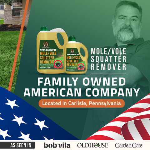 Product label and cap of PetraMax Castor Oil Mole Repellent for lawn care