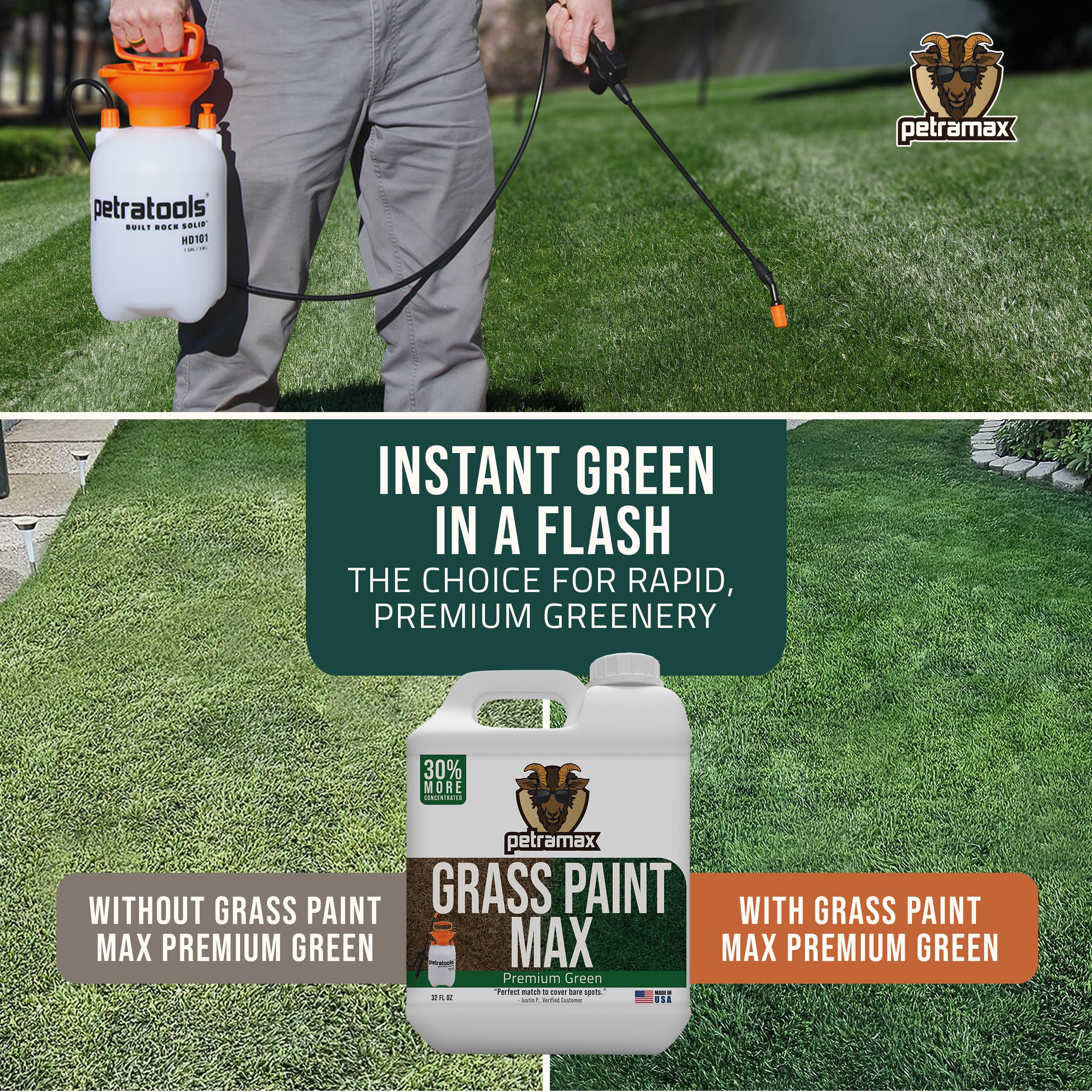 PetraMax Green Grass Paint canister ready for spray coverage across lawns.