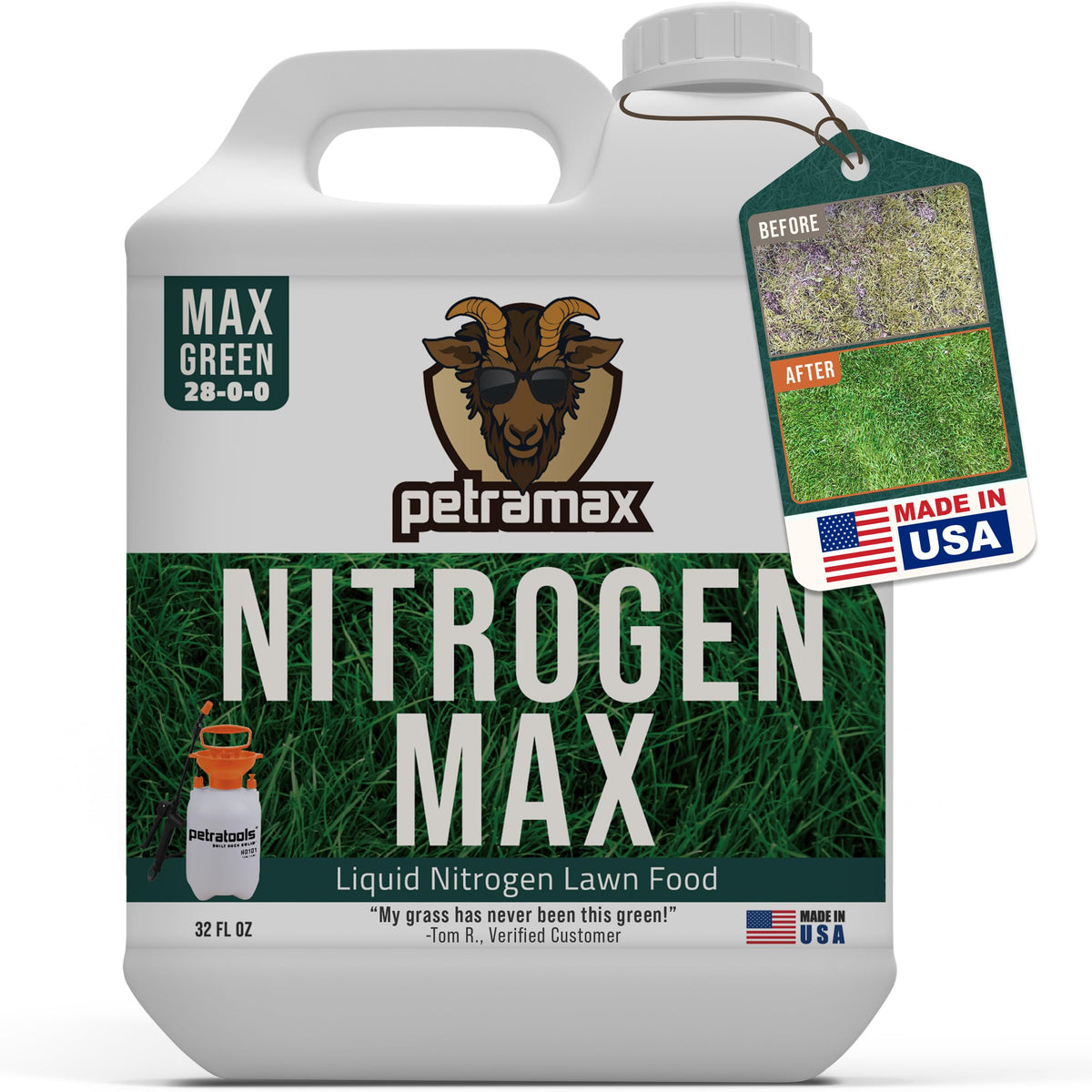 PetraPetramax liquid fertilizer bottle pour for quick lawn green-up.