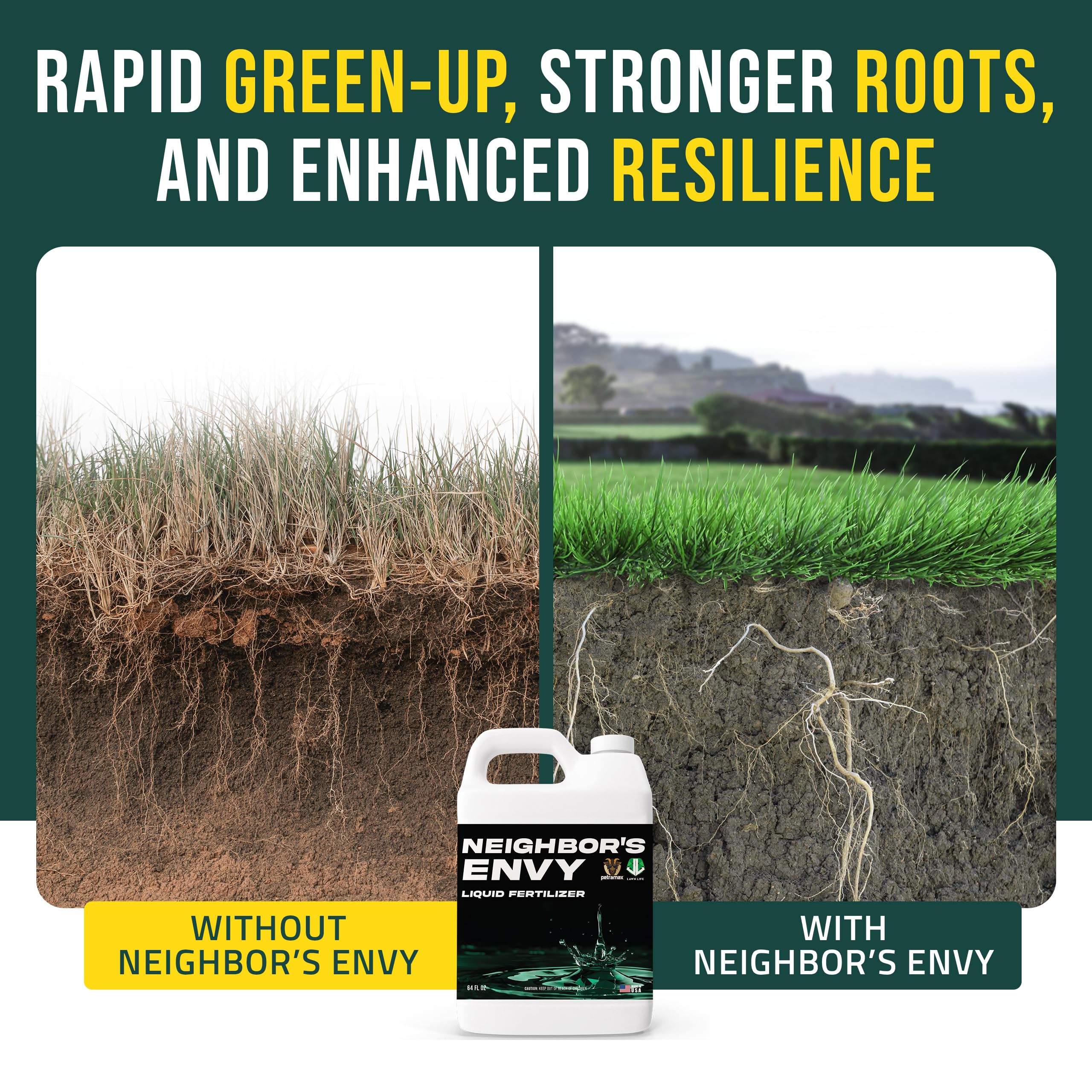 Close-up of deep green turf from PetraMax Neighbor's Envy fertilizer.