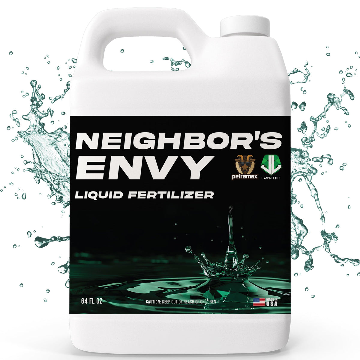 PetraMax Neighbor's Envy Grass Fertilizer bottle delivering a lush, vibrant lawn.
