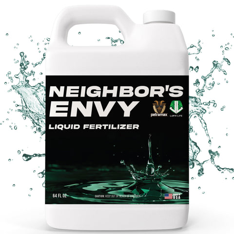PetraMax Neighbor's Envy Grass Fertilizer bottle delivering a lush, vibrant lawn.