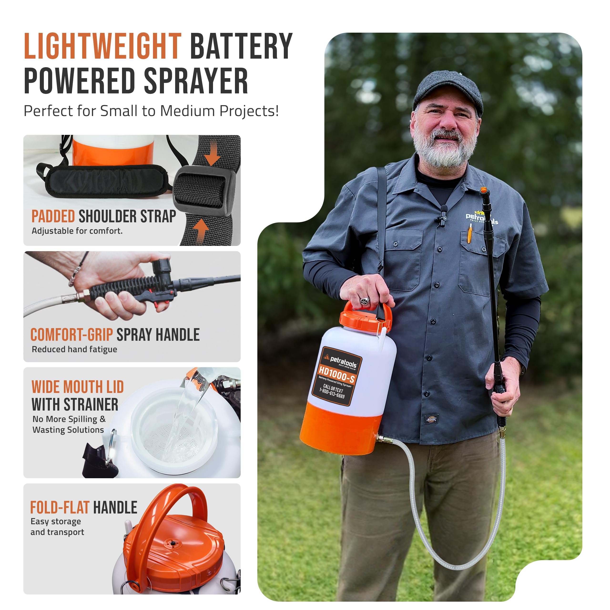 PetraTools battery powered sprayer side view; ergonomic strap for comfortable extended use.