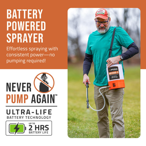 PetraTools battery powered sprayer brass adjustable nozzle; versatile mist and stream patterns.