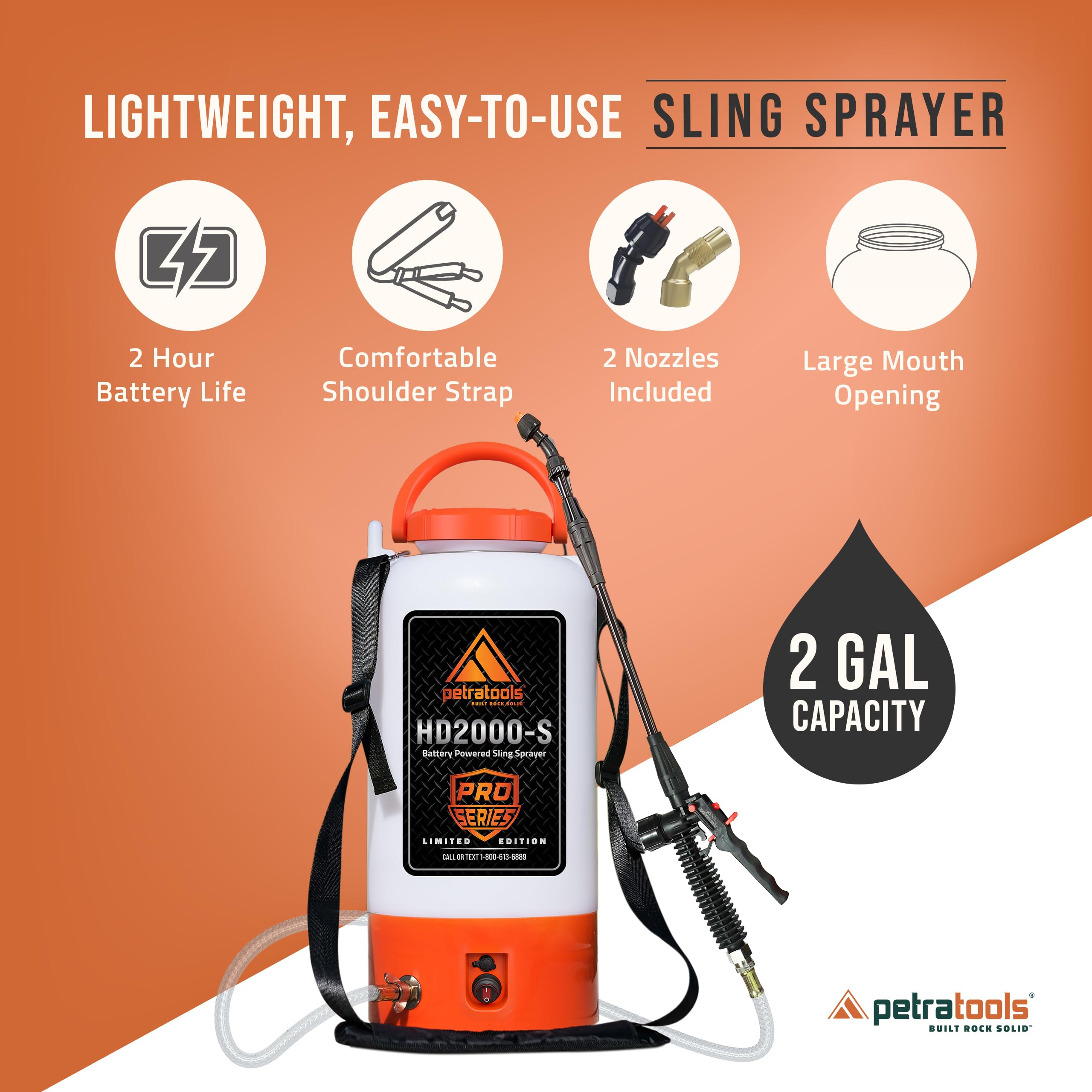 PetraTools padded strap and ergonomic handle improve spraying comfort.