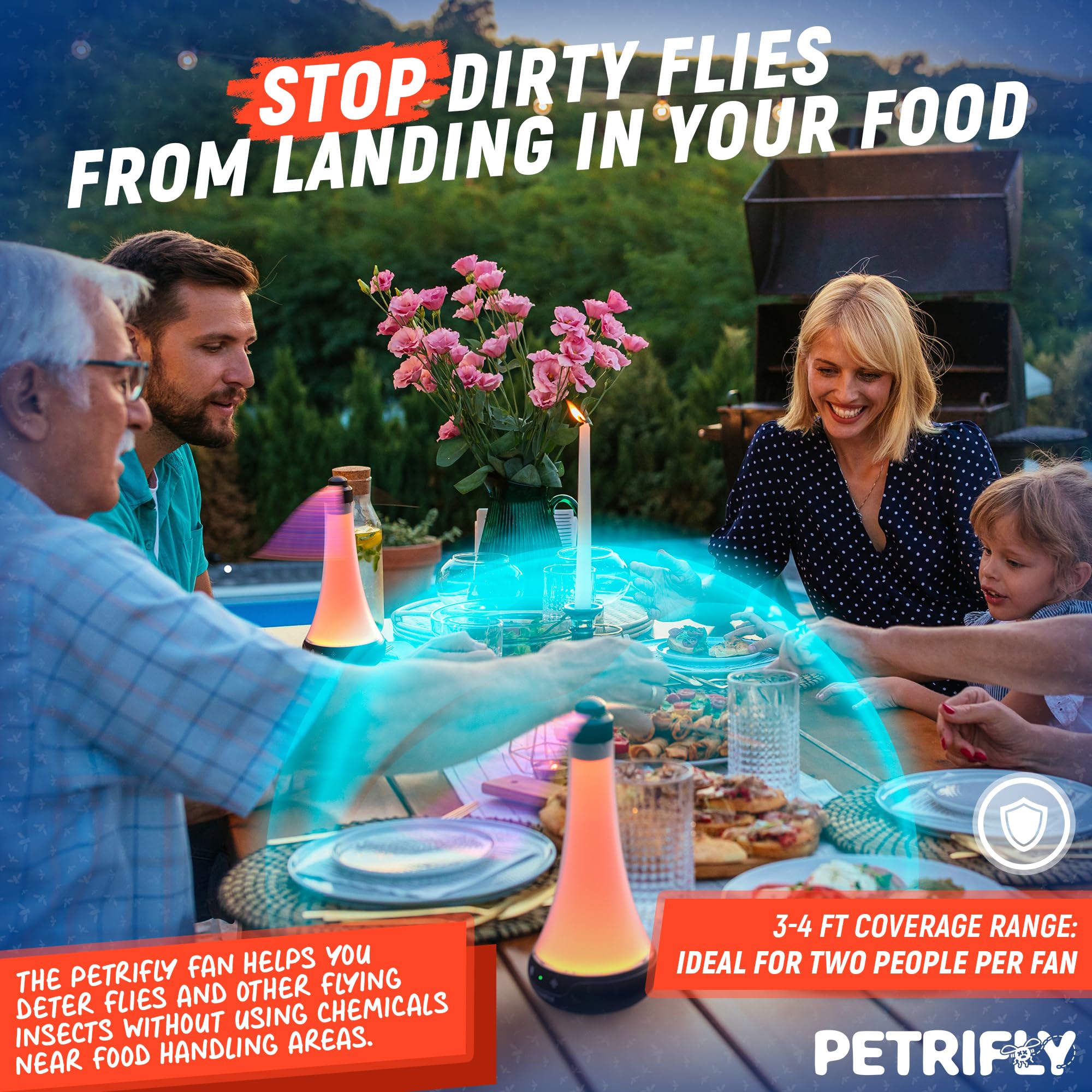 PETRI Fly Fans with anti-bug light demonstrates insect deterrence during meals.