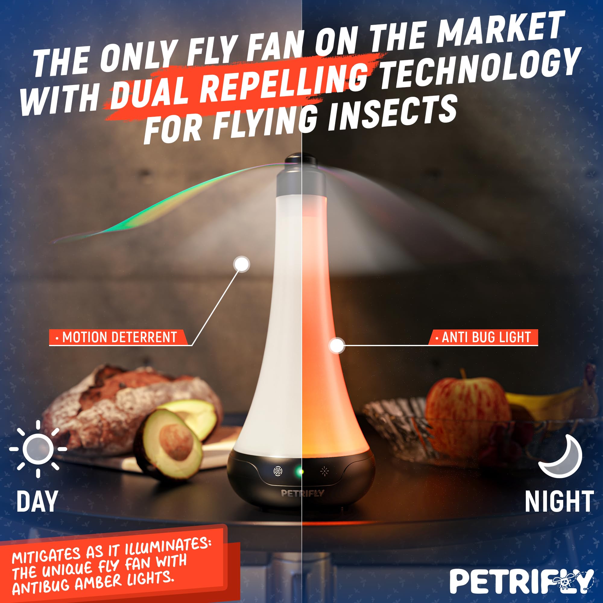 PETRI Fly Fans run on batteries for long outdoor use.