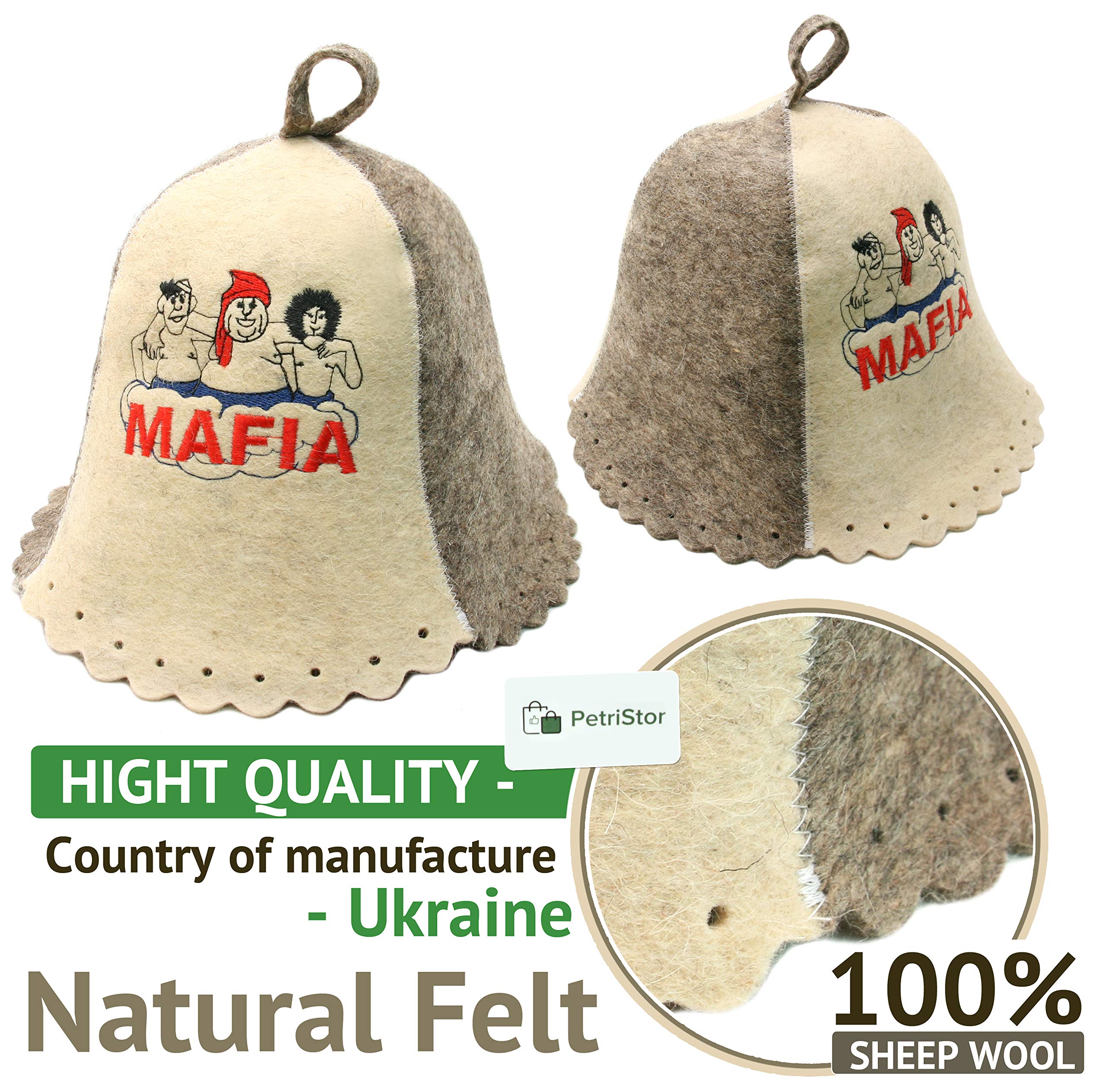 PetriStor wool sauna hat back view emphasizing full coverage and warmth.