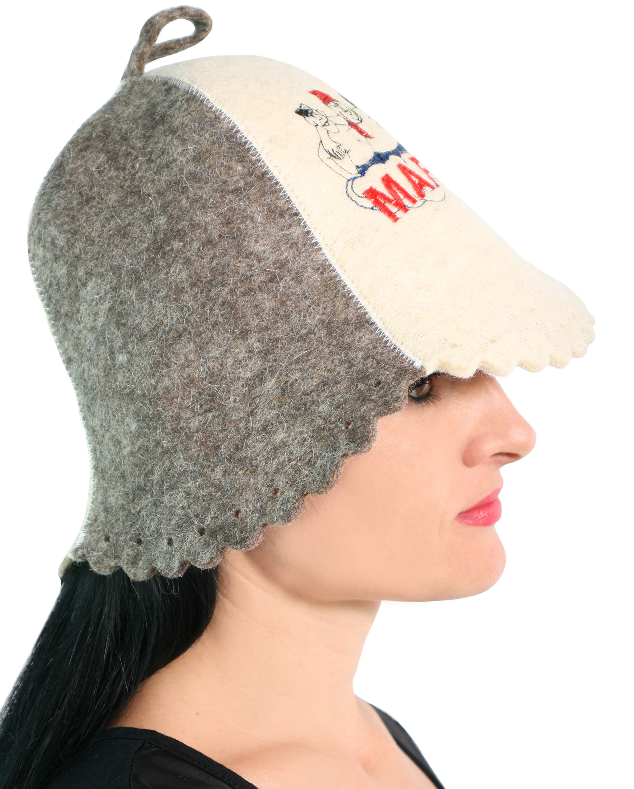 PetriStor wool sauna hat embroidery detail close-up highlighting cultural flair.