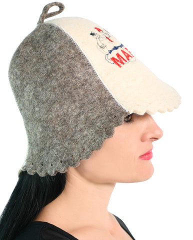 PetriStor wool sauna hat embroidery detail close-up highlighting cultural flair.