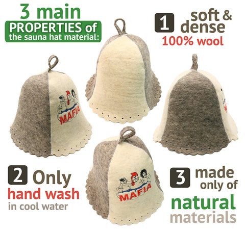 PetriStor wool sauna hat worn on model demonstrates comfortable one-size-fit-all design.