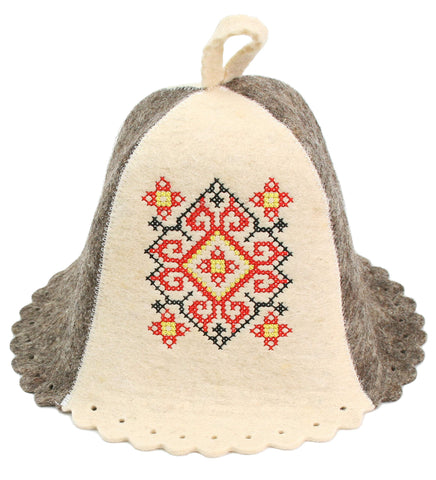 PetriStor wool sauna hat with Ukrainian Vyshyvanka ornament for stylish sauna sessions.