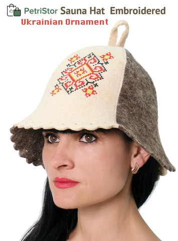 PetriStor wool sauna hat for women offering comfortable heat protection.