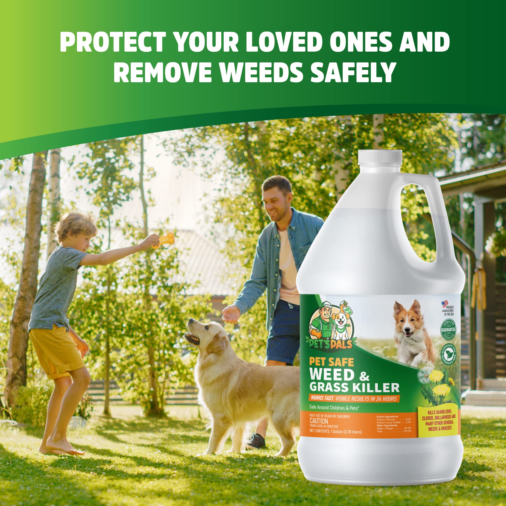 Pet's Pals Glyphosate-free weed killer bottle for safe garden care.